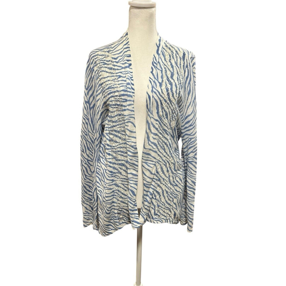 Chico's Linen Blend Blue Zebra Delaney Open Cardigan Long Sleeve Size 1 (medium)